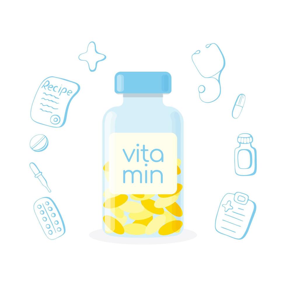 garrafa de vitamina com cápsulas e elementos médicos doodle, saúde, medicina. vetor
