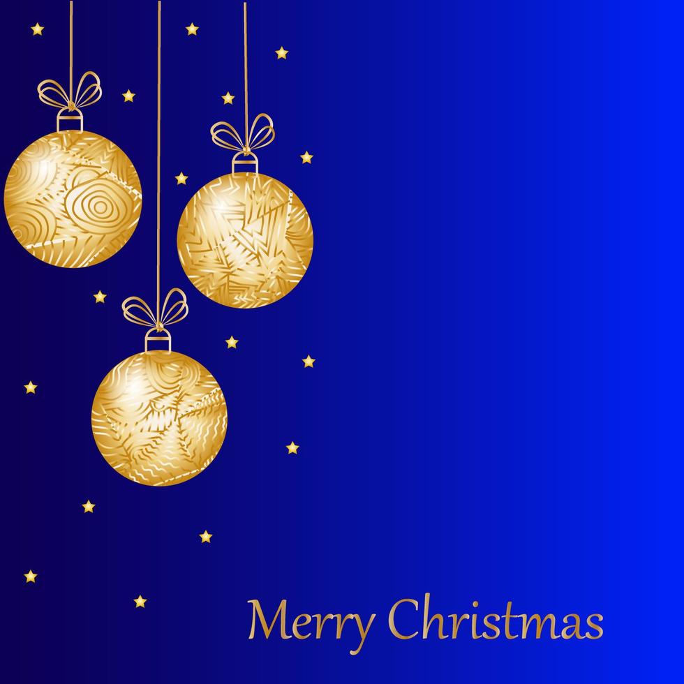 cartão de saudação de natal em fundo azul. mão abstrata desenhada bolas de natal douradas brilhantes. texto de feliz natal. ilustração vetorial vetor