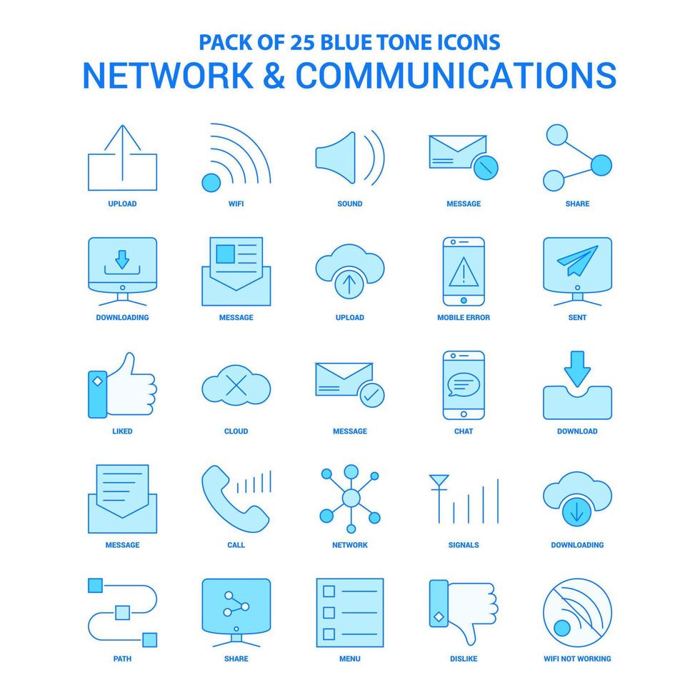 pacote de ícones de tom azul de rede e comunicação 25 conjuntos de ícones vetor