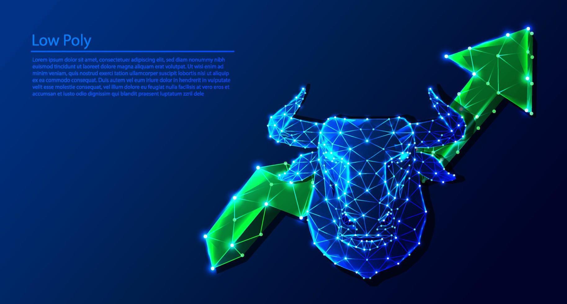 tendência do mercado de ações, estoque de touro com cabeça de touro e peso de traço de seta editável. fundo poligonal de baixa tecnologia poli. vetor