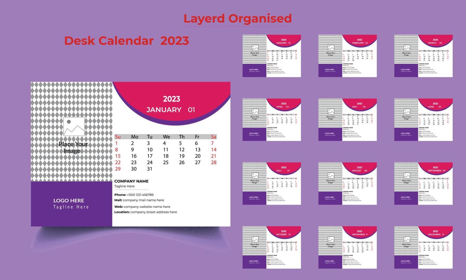 modelo de calendário de mesa do ano novo 2023, modelo de calendário de mesa, calendário de mesa de 12 meses incluído, calendário de mesa da empresa de 12 páginas vetor