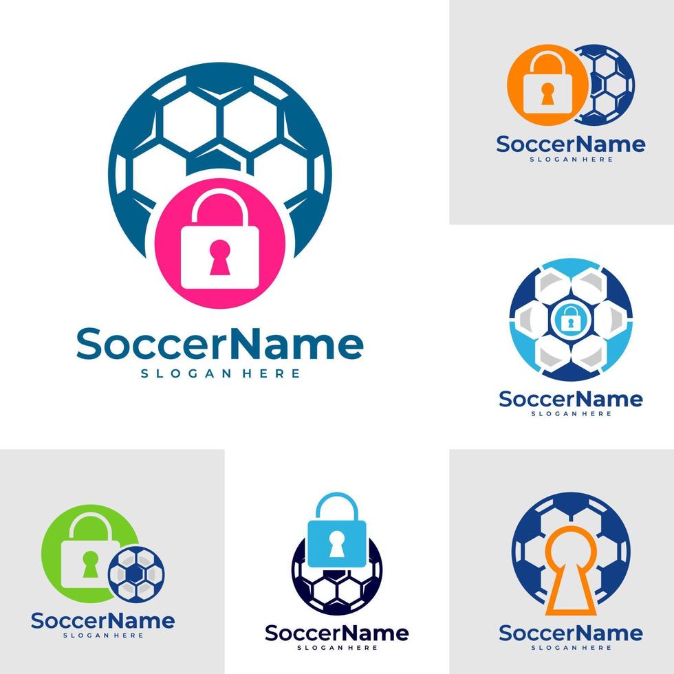 conjunto de modelo de logotipo de futebol de cadeado, vetor de design de logotipo de cadeado de futebol