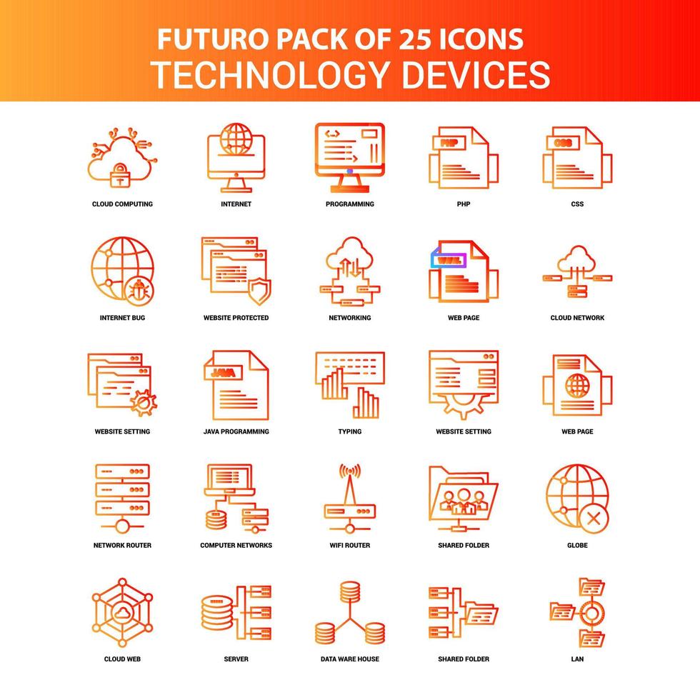 conjunto de ícones de dispositivo de tecnologia laranja futuro 25 vetor