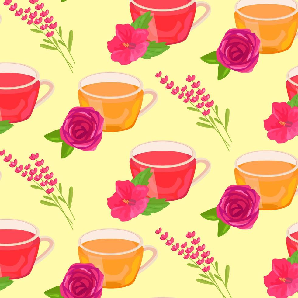 padrão com xícaras de chá e rosa e hibisco vetor