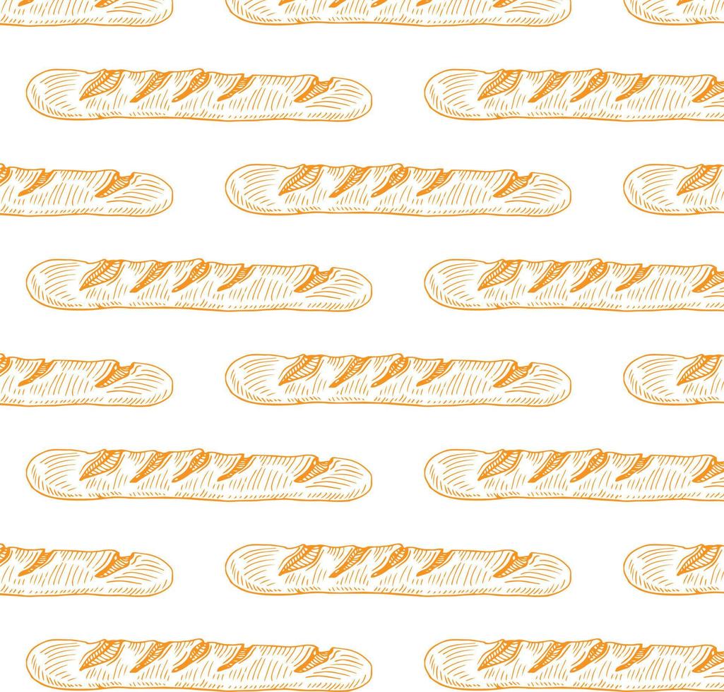 um padrão de uma baguete. padrão de uma longa baguete amarela desenhada em estilo doodle disposta aleatoriamente em um fundo bege para um modelo de padaria vetor