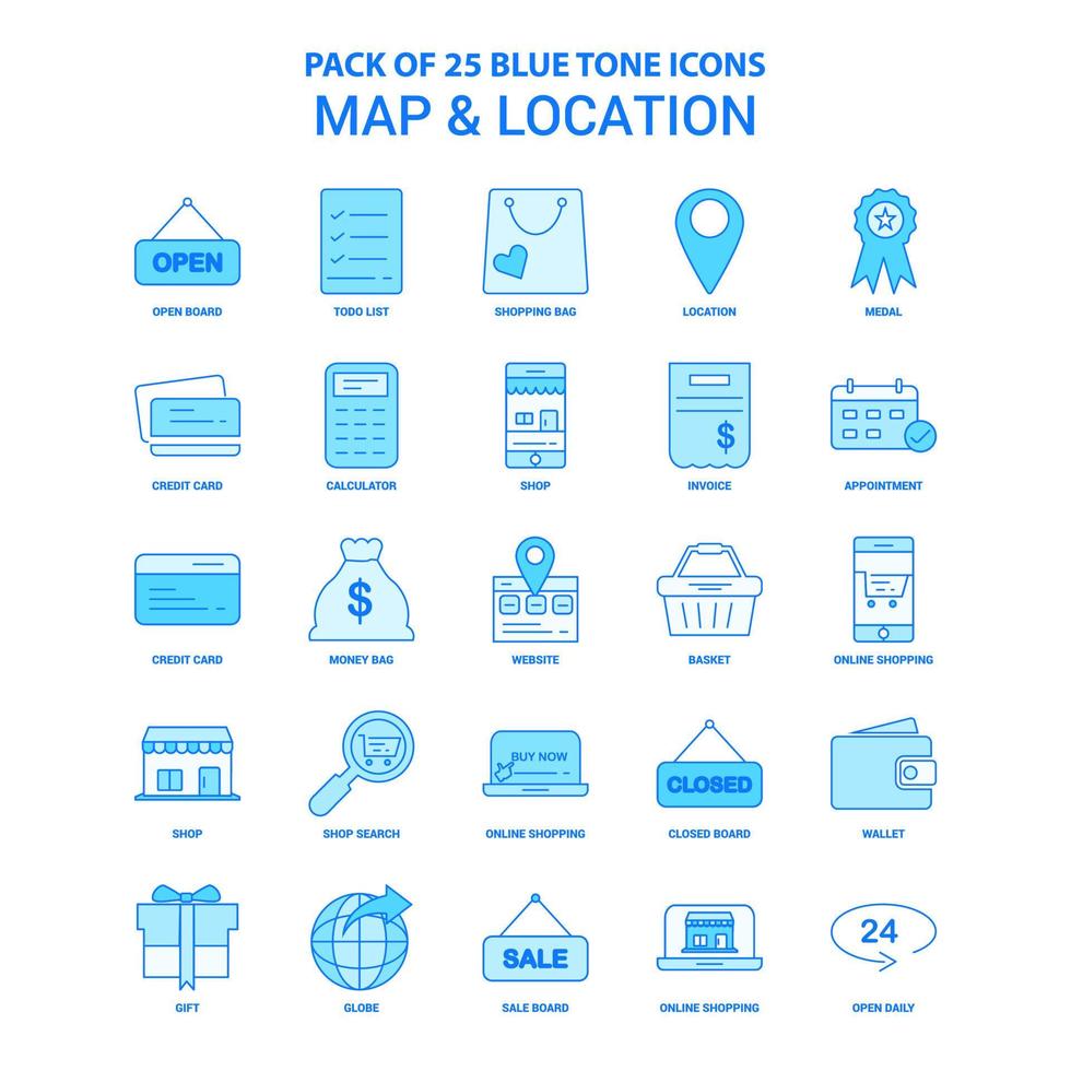 pacote de ícones de tom azul de mapa e localização 25 conjuntos de ícones vetor