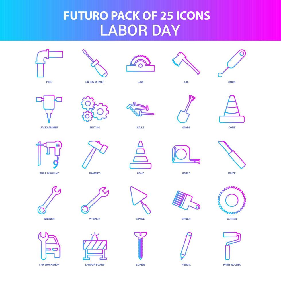 25 pacote de ícones do dia do trabalho futuro azul e rosa vetor