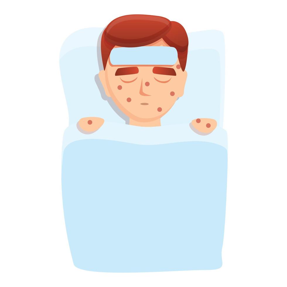 garoto do sarampo no ícone da cama, estilo cartoon vetor