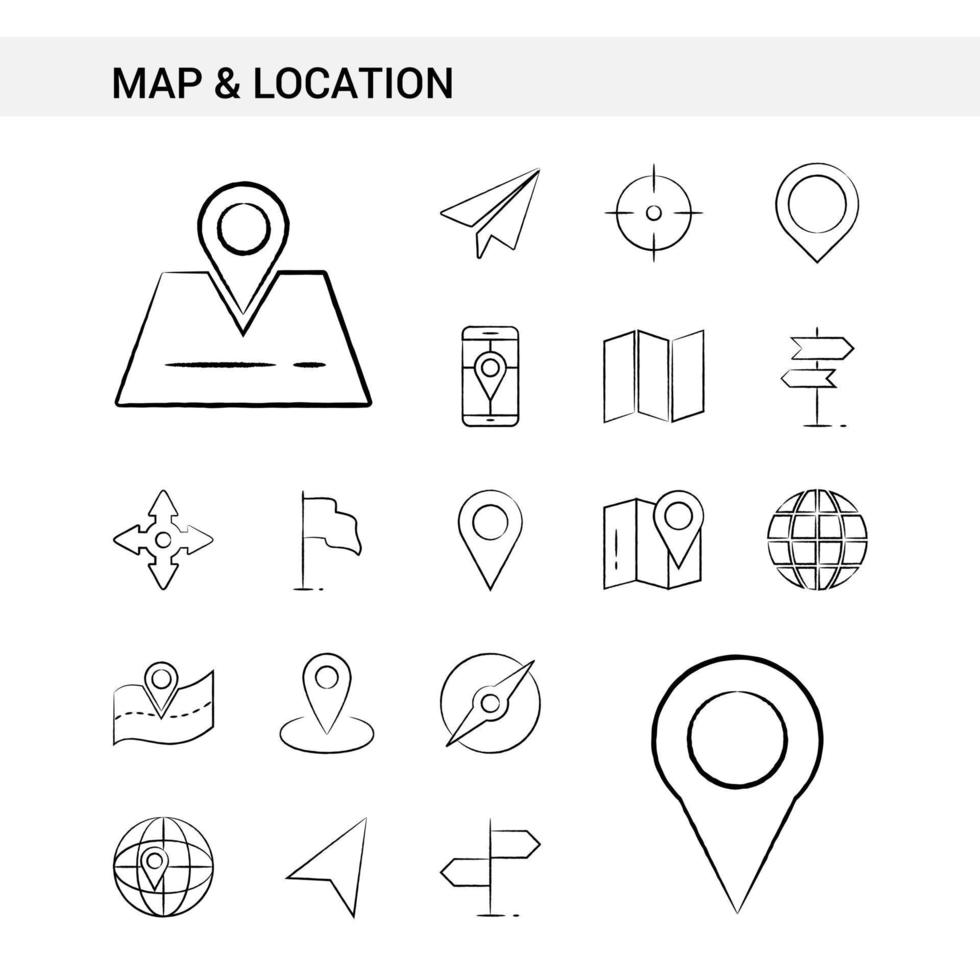 mapa e localização estilo de conjunto de ícones desenhados à mão isolado no vetor de fundo branco