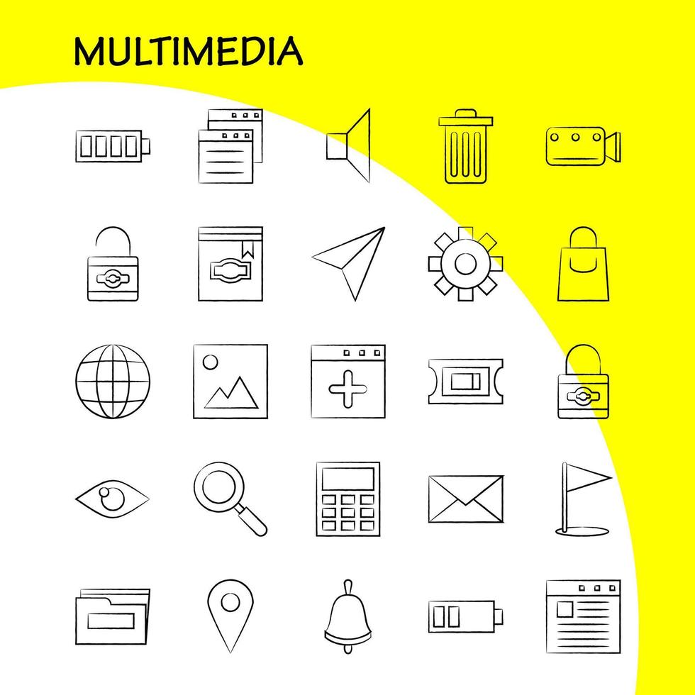 ícone desenhado à mão multimídia para impressão na web e kit uxui móvel, como modelo de página da web do navegador, modelo de pacote da web de modelo da web, vetor de pacote de pictogramas