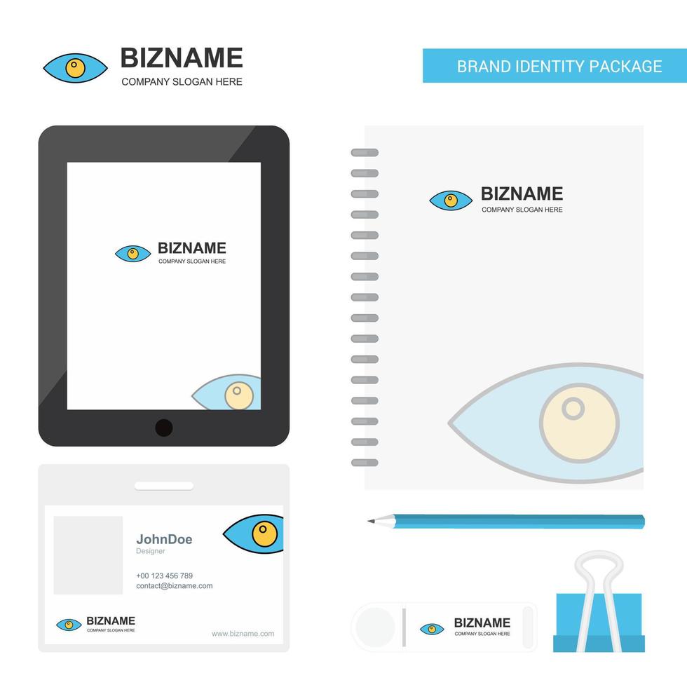 eye business logo guia app diário cartão de funcionário em pvc e modelo de vetor de design de pacote estacionário de marca usb