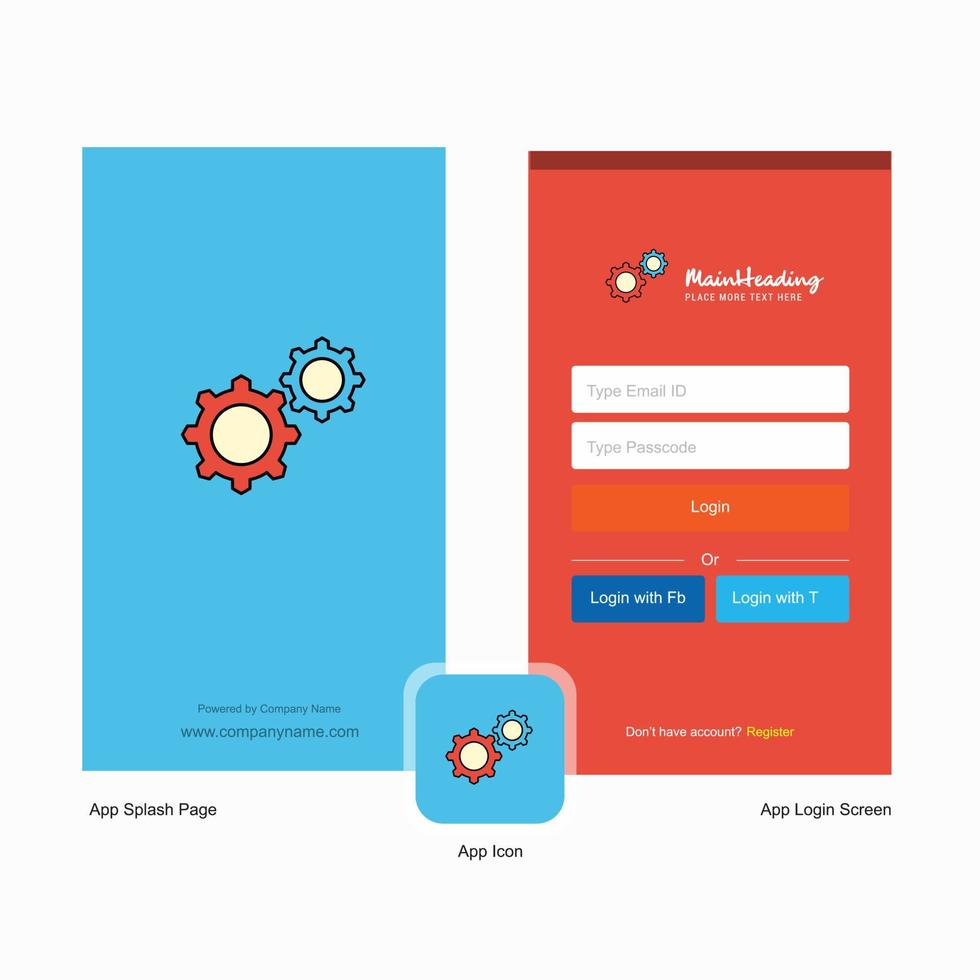 tela inicial de configuração de engrenagem da empresa e design de página de login com modelo de logotipo modelo de negócios on-line móvel vetor