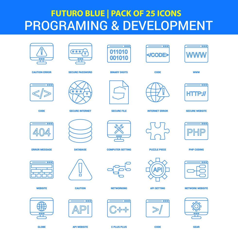 ícones de programação e desenvolvimento futuro blue 25 icon pack vetor