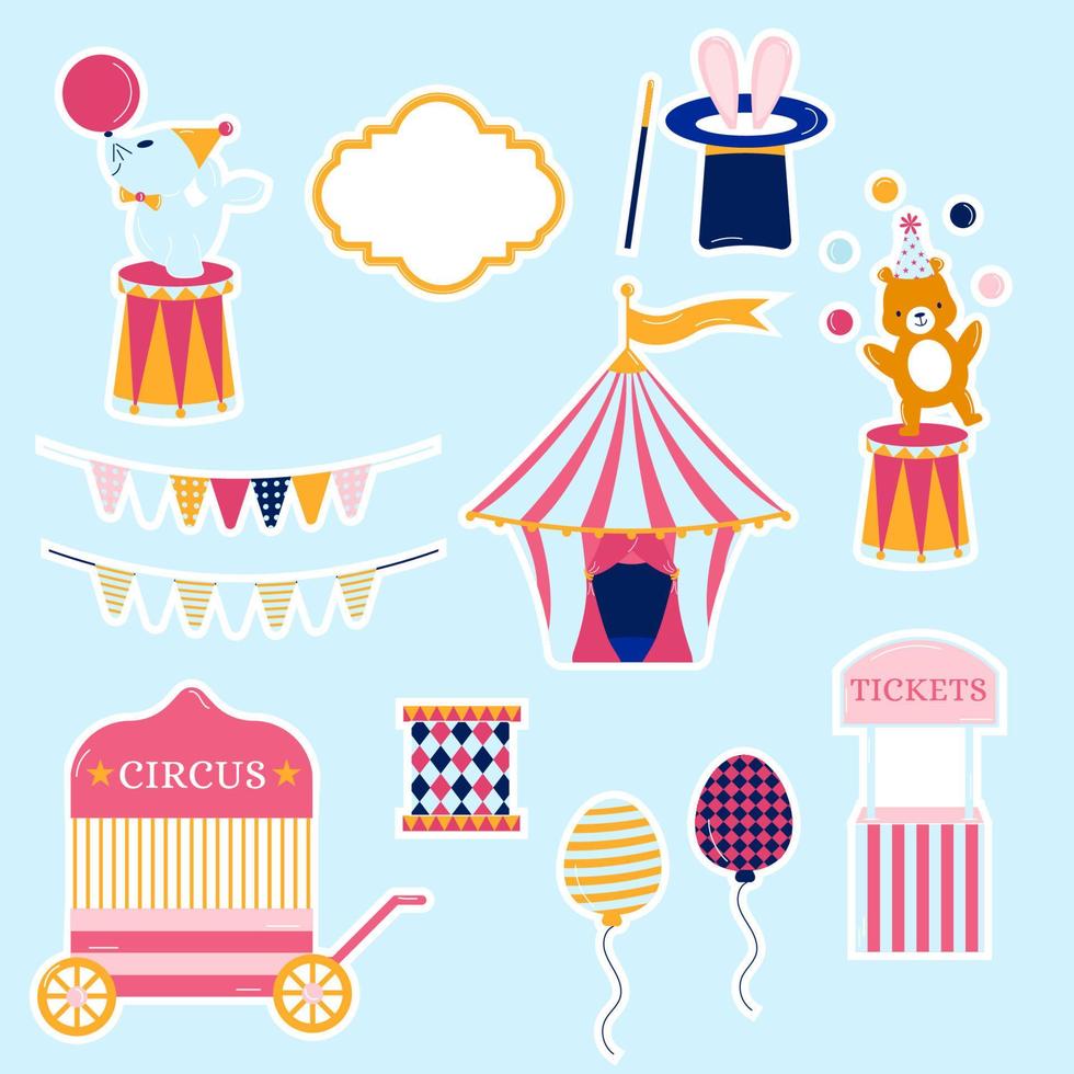coleção de adesivos rosa circo. tenda, lebre de chapéu, foca, festão, bola, urso, bilheteira vetor