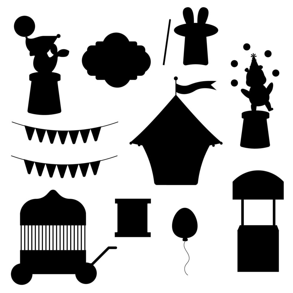 coleção de silhueta de circo de elementos. tenda, lebre de chapéu, foca, festão, bola, urso, bilheteira vetor