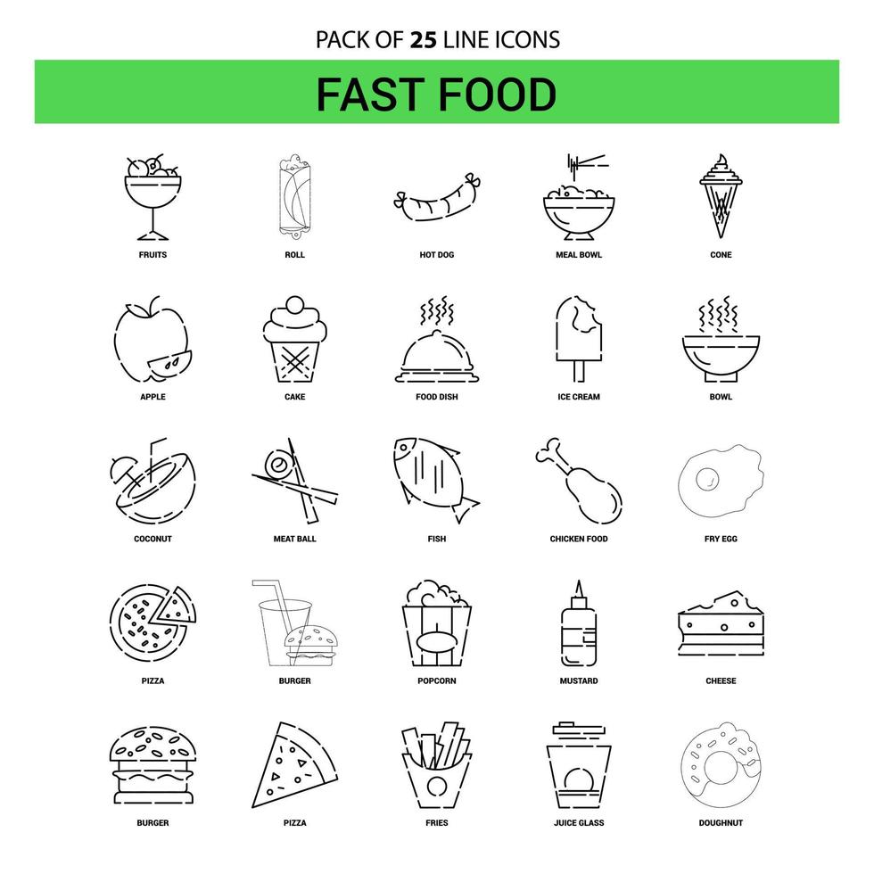 conjunto de ícones de linha de fast food 25 estilo de contorno tracejado vetor