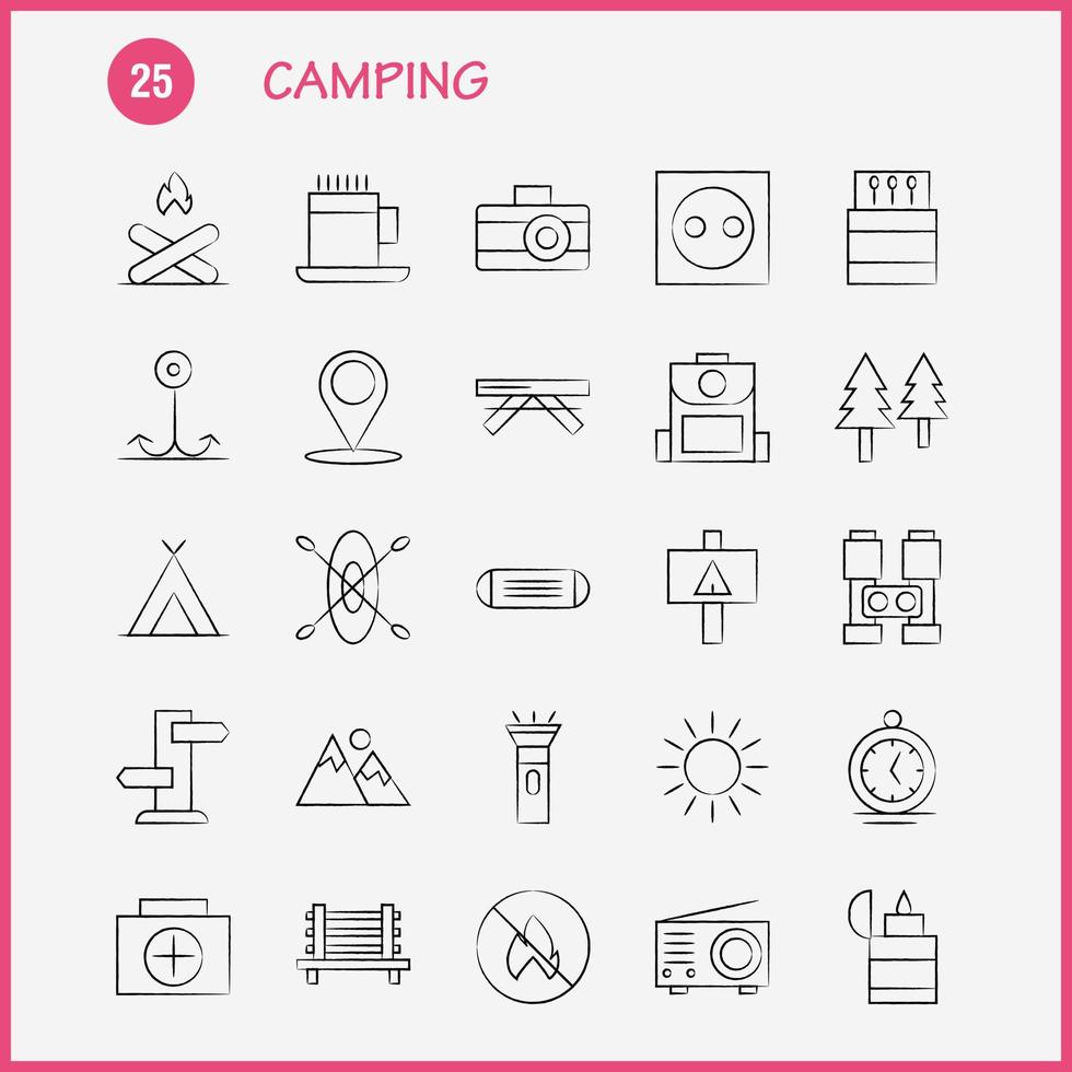 pacote de ícones desenhados à mão de acampamento para designers e desenvolvedores ícones de banco camping viagens ao ar livre jogo de acampamento ao ar livre vetor de fogo