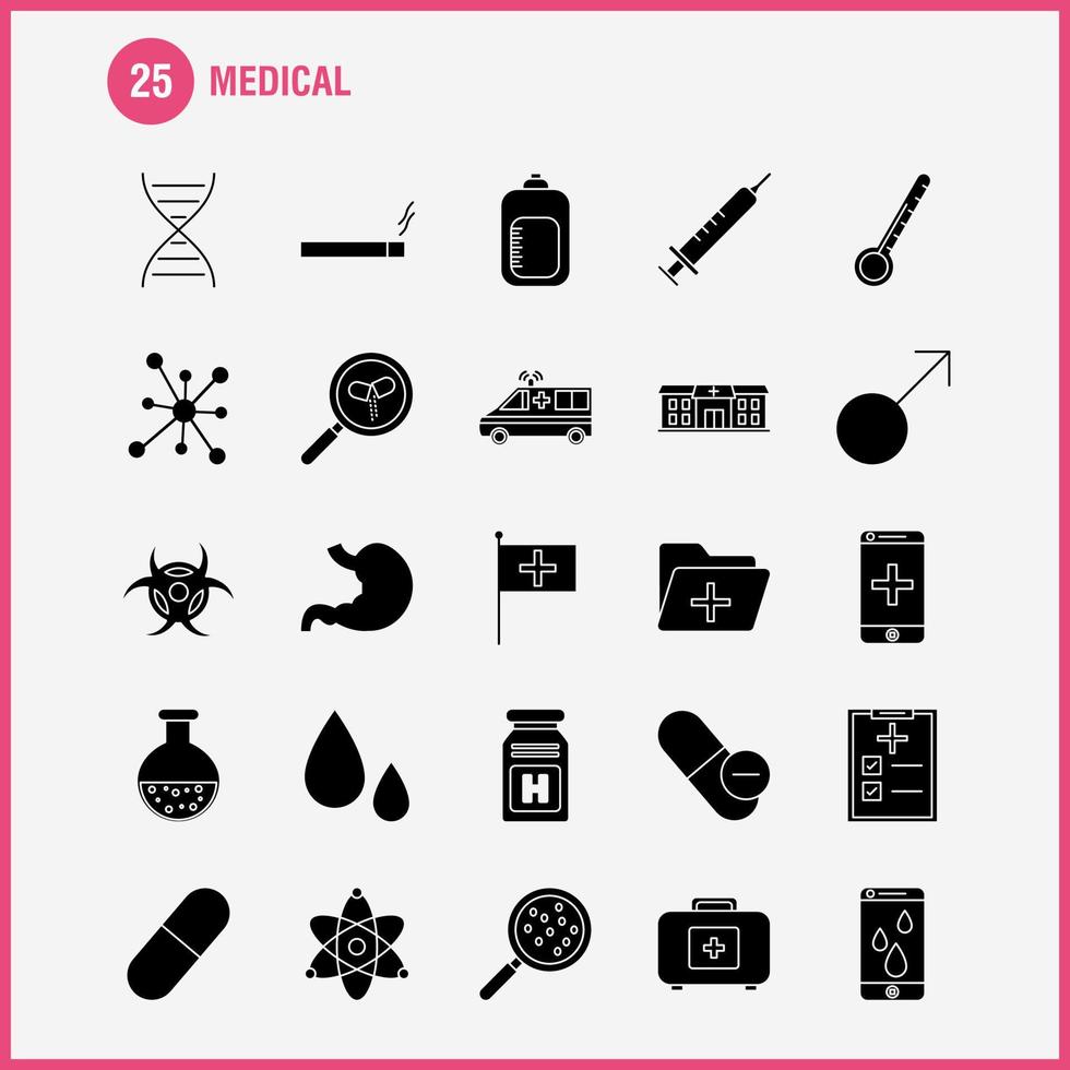 ícones de glifo sólido de saúde definidos para infográficos kit uxui móvel e design de impressão incluem seringa medicina médica estetoscópio hospital médico medicina médica eps 10 vector