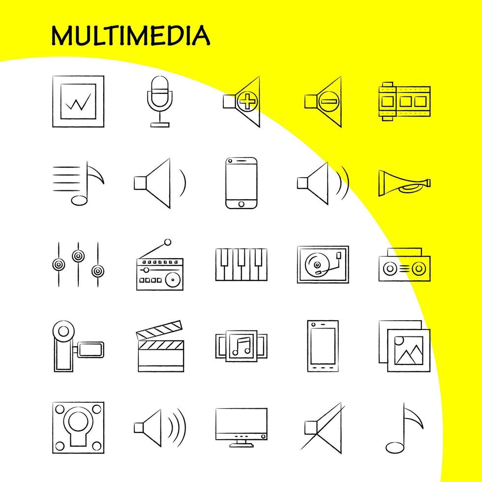 ícone desenhado à mão multimídia para impressão na web e kit uxui móvel, como hardware de telefone celular, câmera, imagem de vídeo, vetor de pacote de pictograma de filme