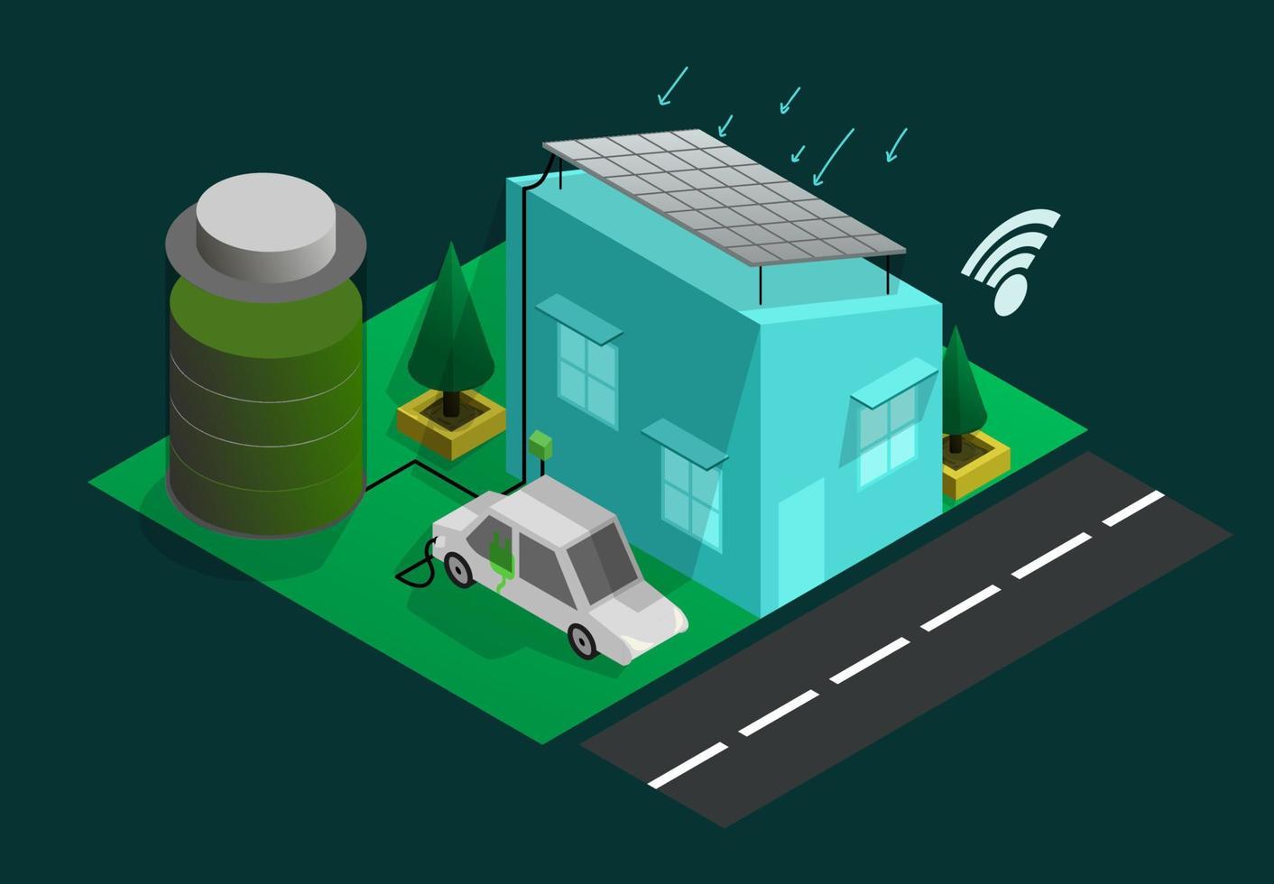 design plano isométrico - tecnologia de construção de conceito de casa inteligente inteligente, estacionamento moderno remoto em carro de carga doméstica vetor