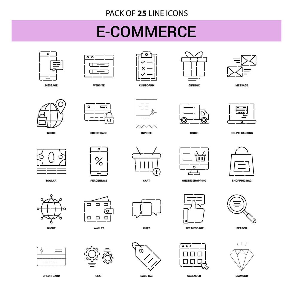 conjunto de ícones de linha de comércio eletrônico 25 estilo de contorno tracejado vetor