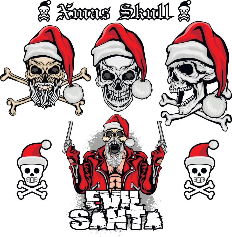 definir sinal de natal com caveira no chapéu de papai noel, camisetas de design vintage grunge vetor