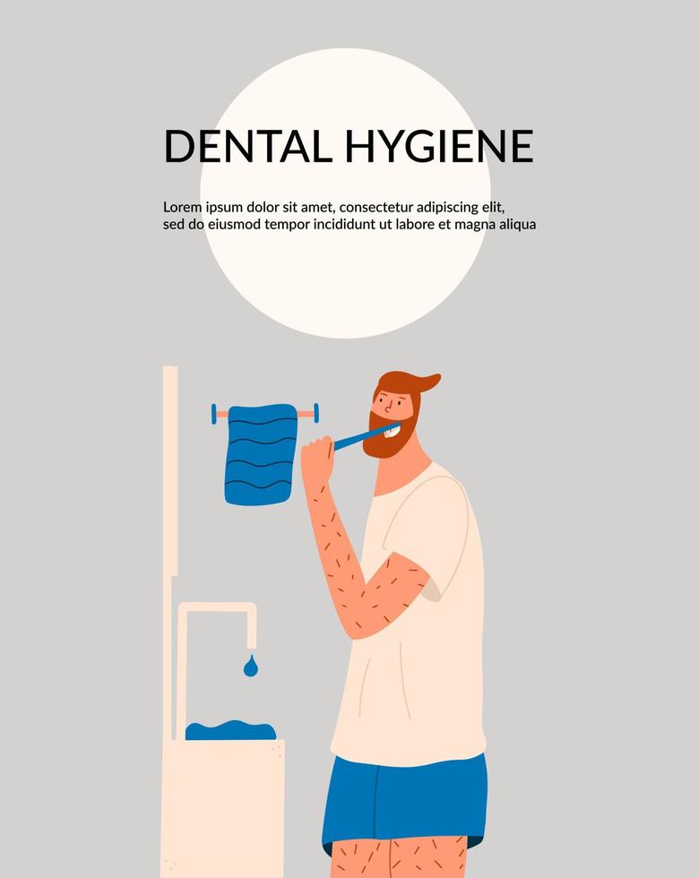 o homem observa a higiene dental. personagem adulto masculino está escovando os dentes pela manhã para prevenção de cáries. ilustração vetorial em estilo simples vetor