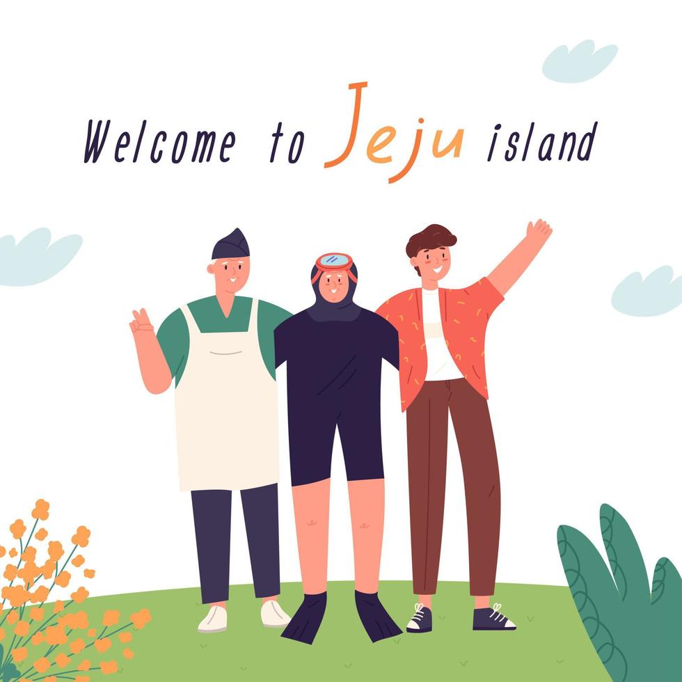 bem-vindo à inscrição da ilha de jeju com pessoas felizes, ilustração vetorial plana de desenho animado. mulher haenyeo, turista e vendedora de mercado abraçando e acenando com as mãos. vetor