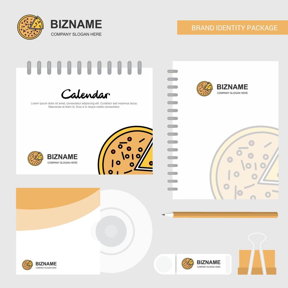 modelo de calendário de logotipo de pizza diário de capa de cd e modelo de vetor de design de pacote estacionário de marca usb