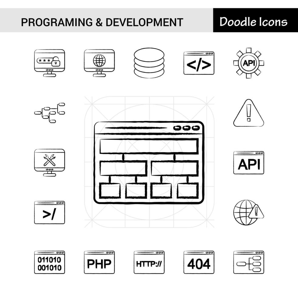 conjunto de 17 conjuntos de ícones desenhados à mão de programação e desenvolvimento vetor