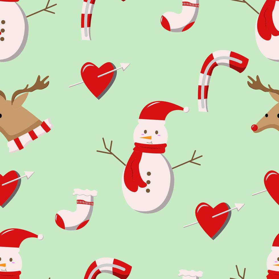 padrão perfeito de natal com boneco de neve, coração com flecha, meias, doces e veados, fácil de editar vetor