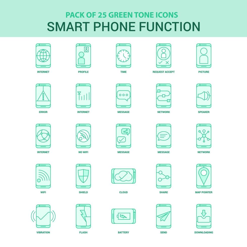 conjunto de ícones de funções de telefone inteligente verde 25 vetor