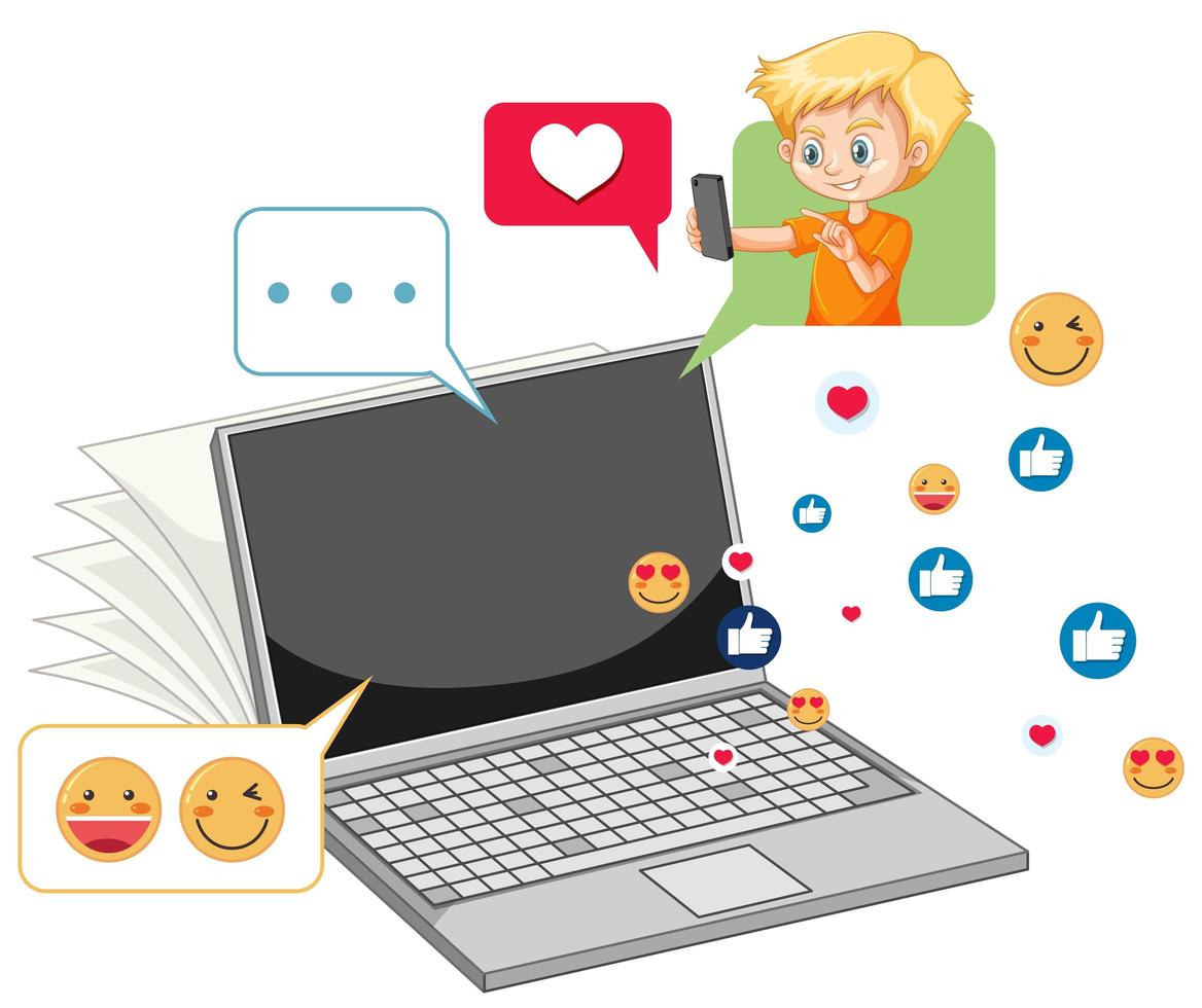 laptop com ícone de emoji estilo cartoon vetor