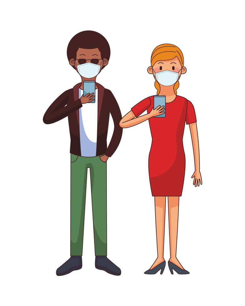 casal interracial usando máscara médica usando personagens de tecnologia vetor