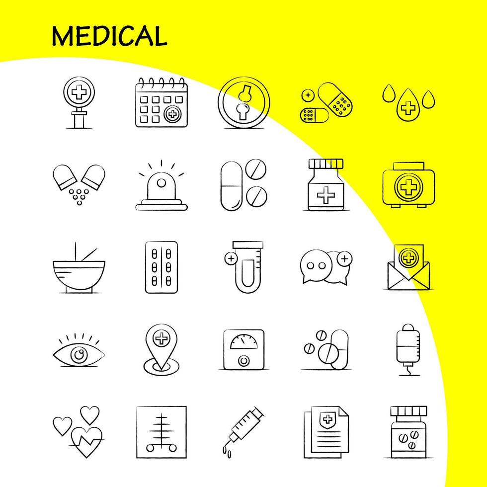 ícones desenhados à mão médica definidos para kit uxui móvel de infográficos e design de impressão incluem medicina médica hospital tubo médico laboratório mais eps 10 vetor