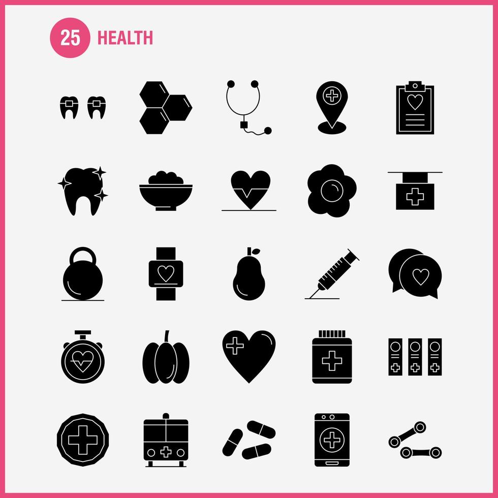 ícone de glifo sólido de saúde para impressão na web e kit uxui móvel, como batimento cardíaco médico, pêra de emergência, vetor de pacote de pictograma de hospital médico