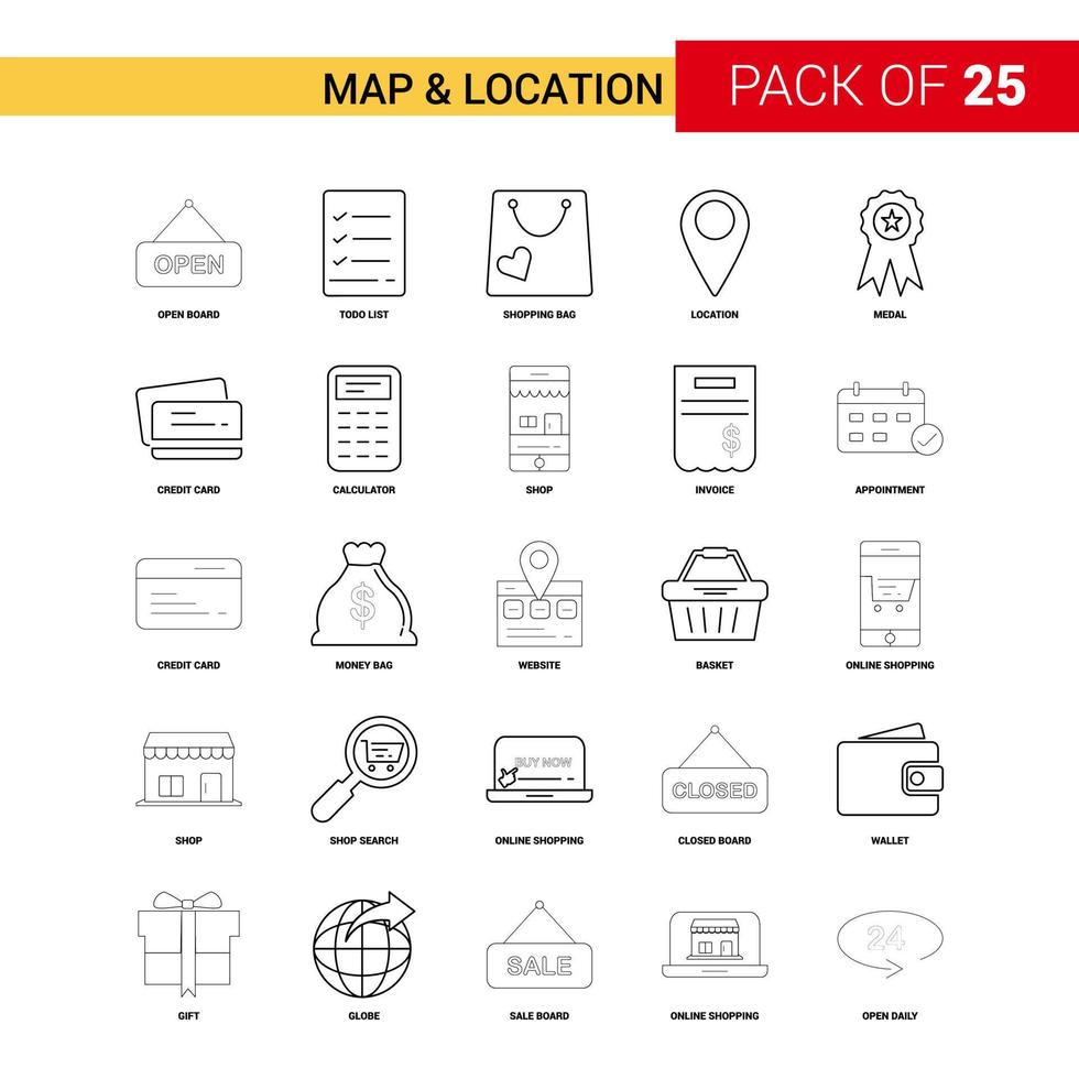 mapa e ícone de linha preta de localização 25 conjunto de ícones de contorno de negócios vetor
