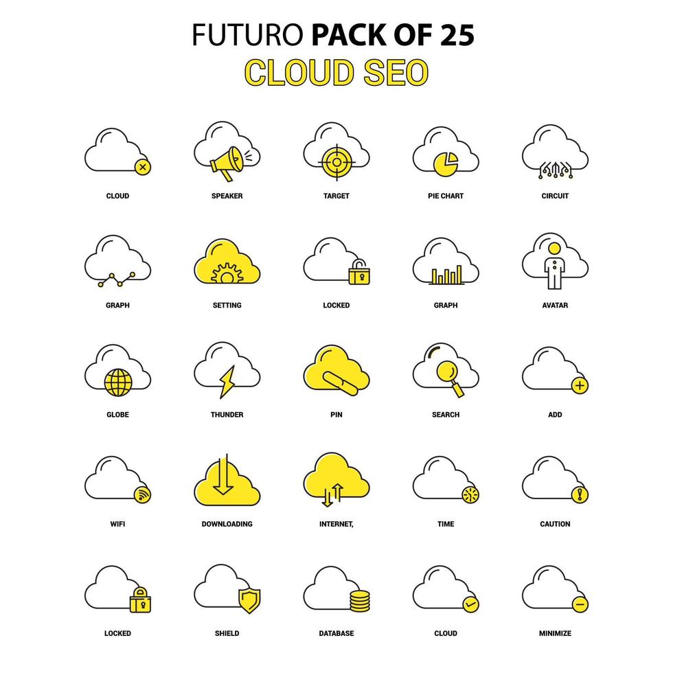 conjunto de ícones de nuvem seo futuro amarelo pacote de ícones de design mais recente vetor