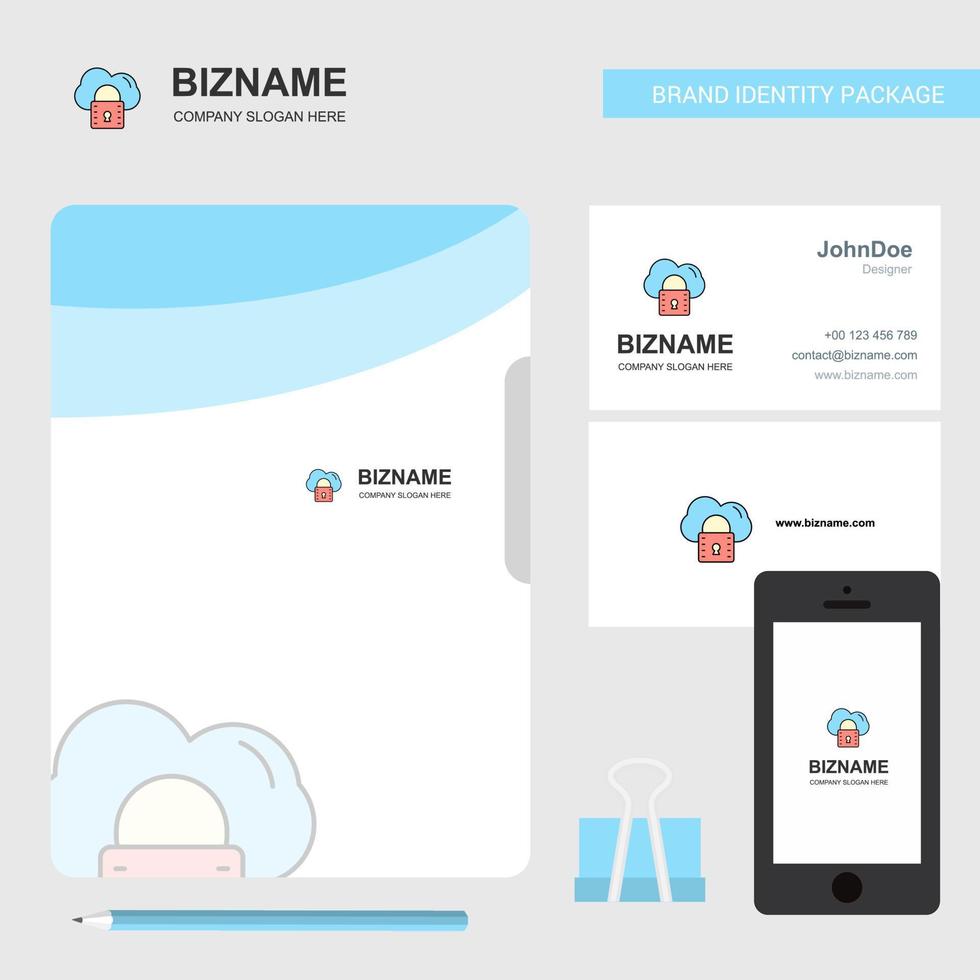 cartão de visita de capa de arquivo de logotipo de negócios seguro em nuvem e ilustração em vetor de design de aplicativo móvel
