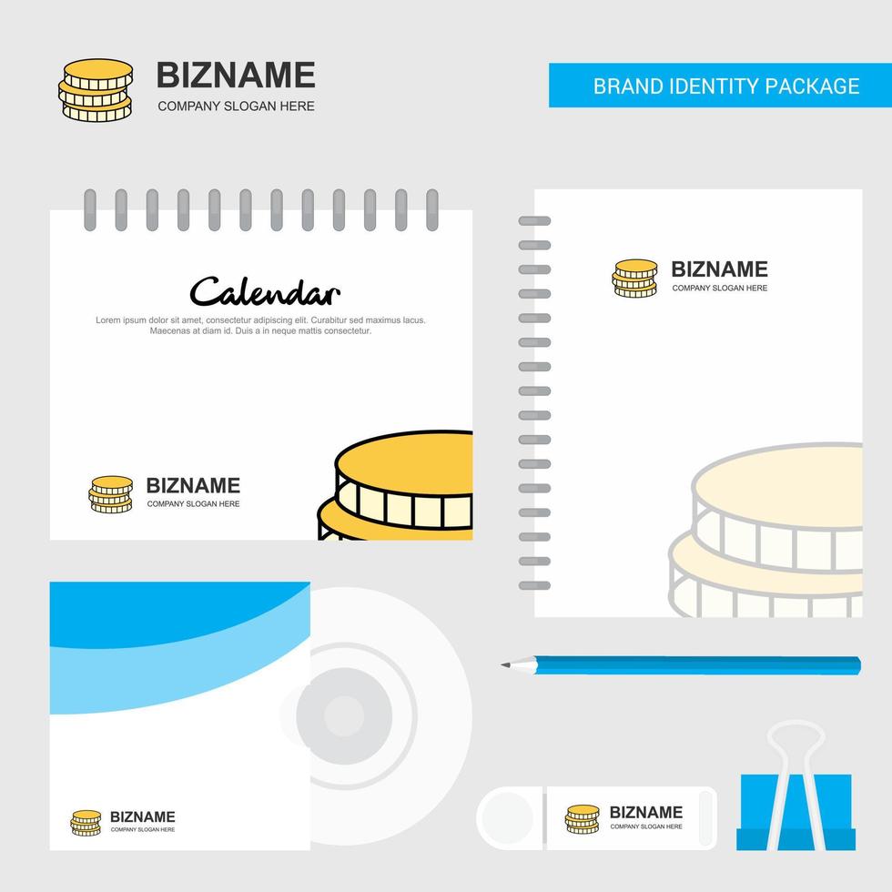 modelo de calendário de logotipo de moedas diário de capa de cd e modelo de vetor de design de pacote estacionário de marca usb