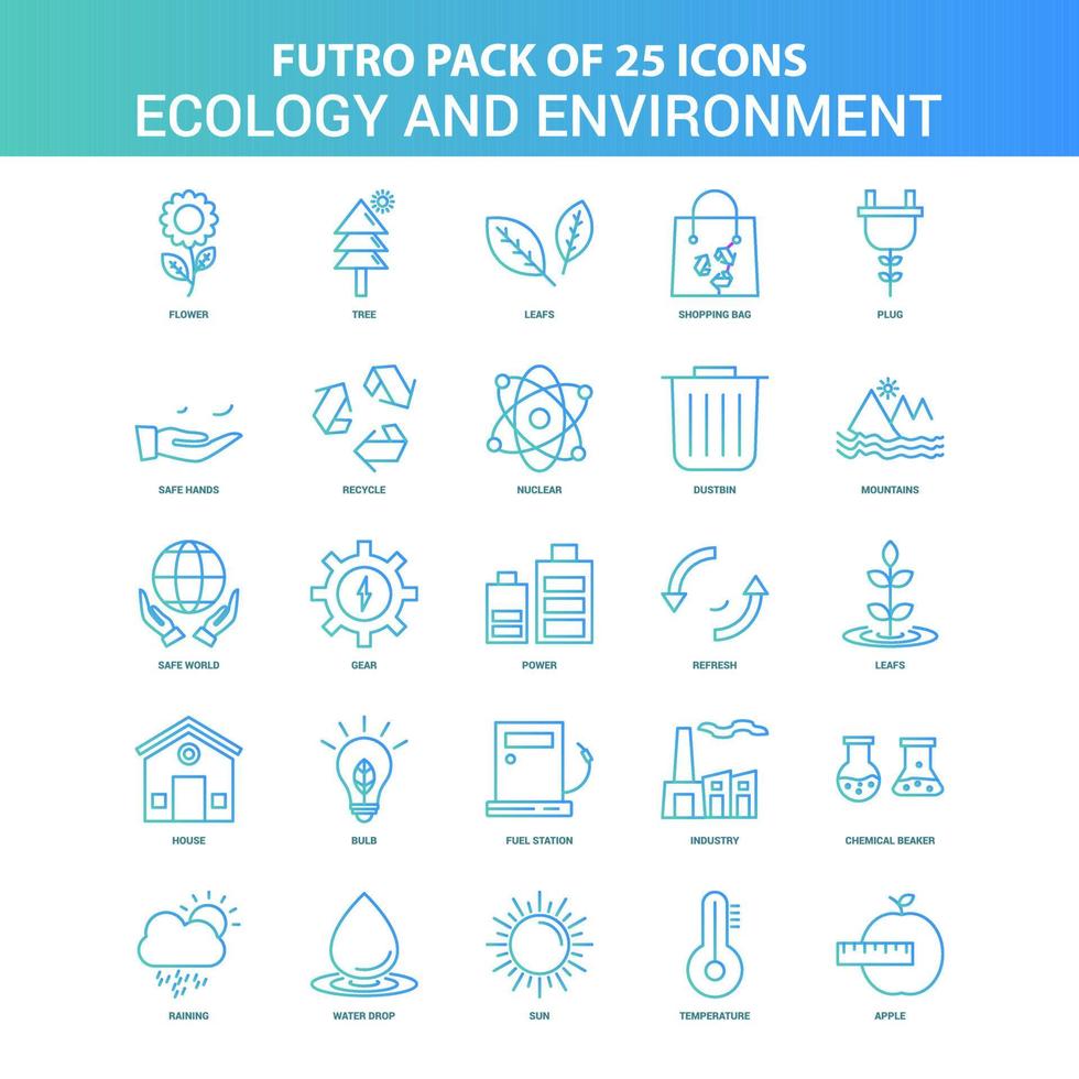 25 verde e azul futuro ecologia e pacote de ícones ambientais vetor