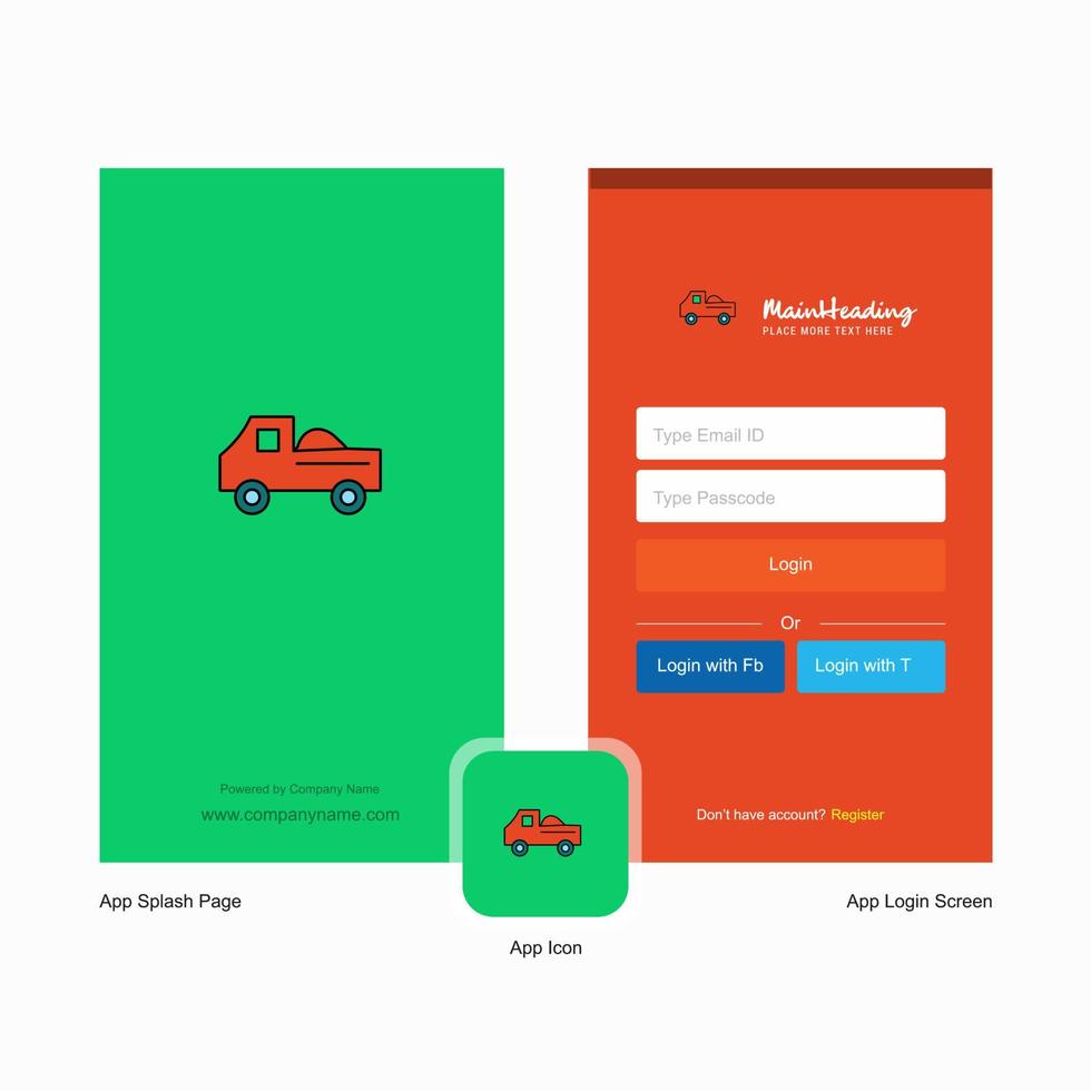 tela inicial do caminhão da empresa e design da página de login com modelo de logotipo modelo de negócios on-line móvel vetor