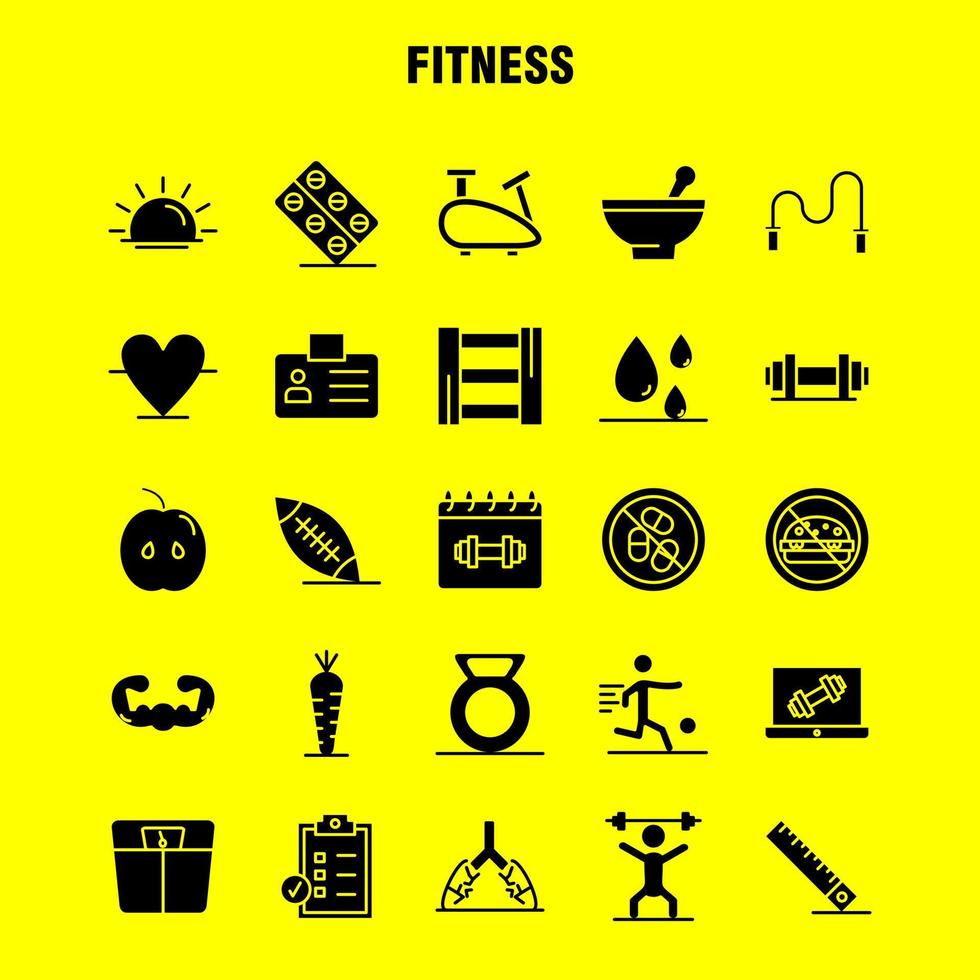 conjunto de ícones de glifo sólido de fitness para infográficos kit uxui móvel e design de impressão incluem vetor de conjunto de ícones de cartão de identificação de aptidão para alimentos de maçã fitness queda de sangue