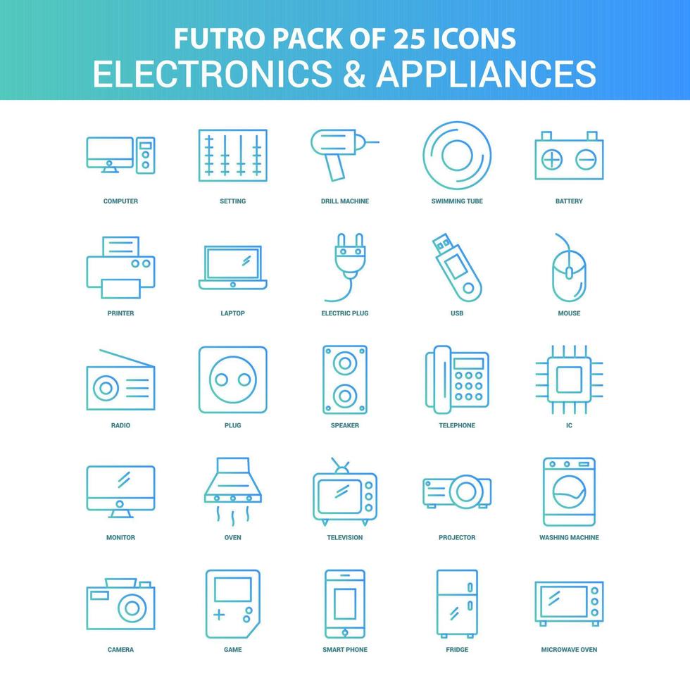 25 pacote de ícones de eletrônicos e eletrodomésticos futuro verde e azul vetor