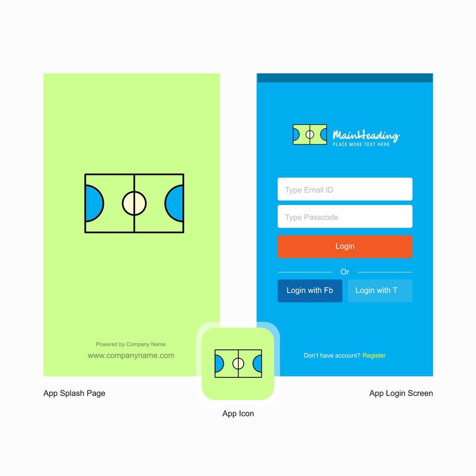 tela inicial do campo de futebol da empresa e design da página de login com modelo de logotipo modelo de negócios on-line móvel vetor