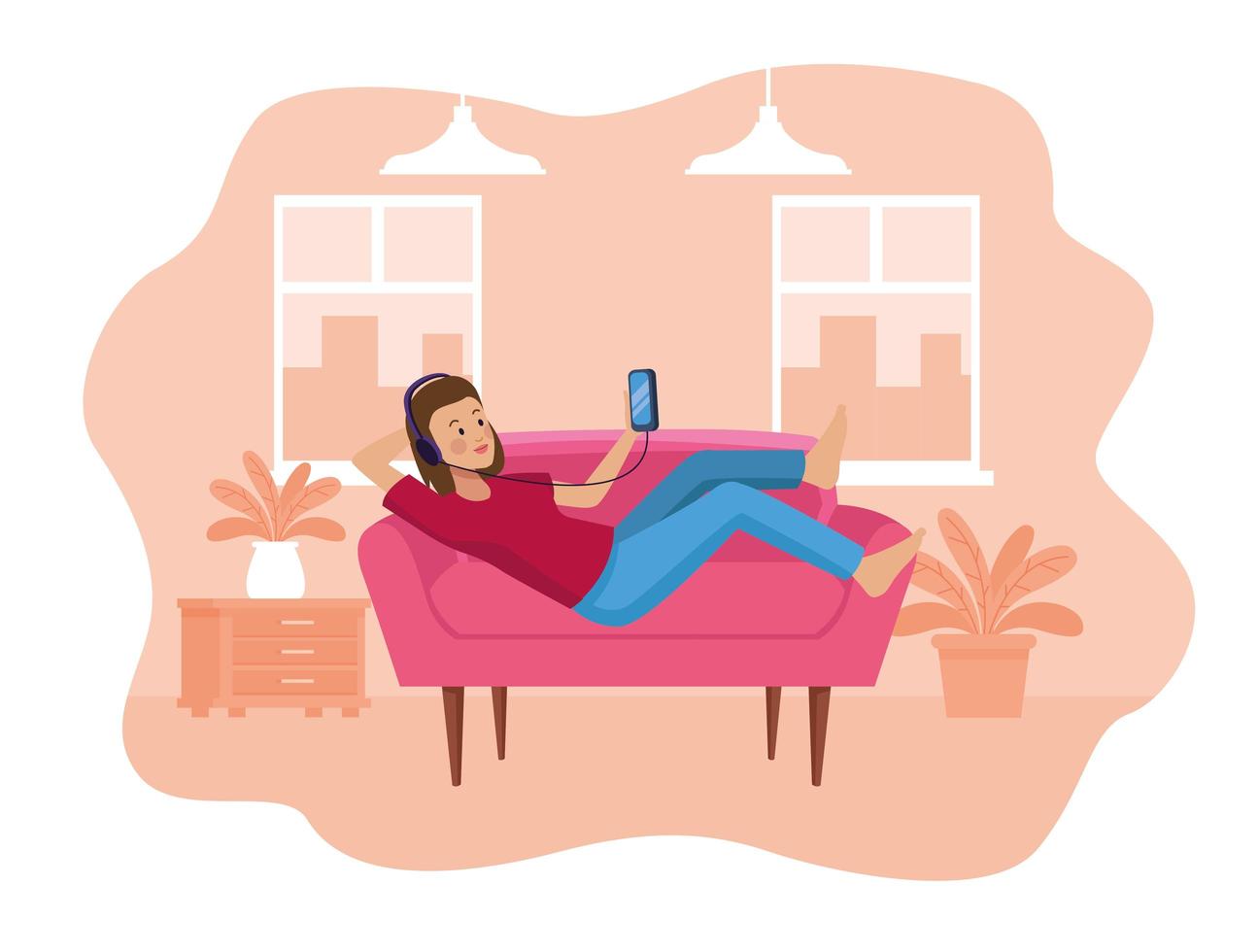 mulher usando smartphone em cena de sofá vetor