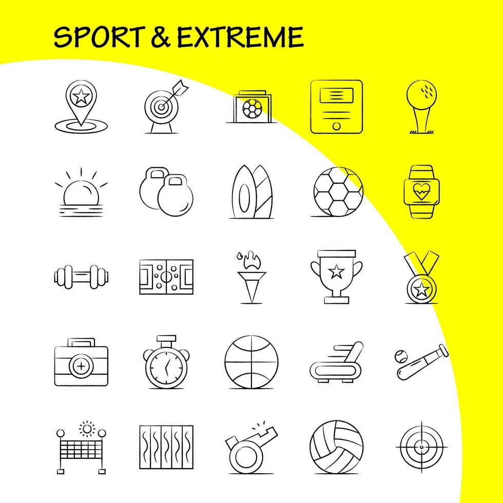 Ícones desenhados à mão para esportes e extremos definidos para infográficos kit uxui móvel e design de impressão incluem prêmio de copa árbitro estrela esporte apito sol luz do sol conjunto de ícones vetor