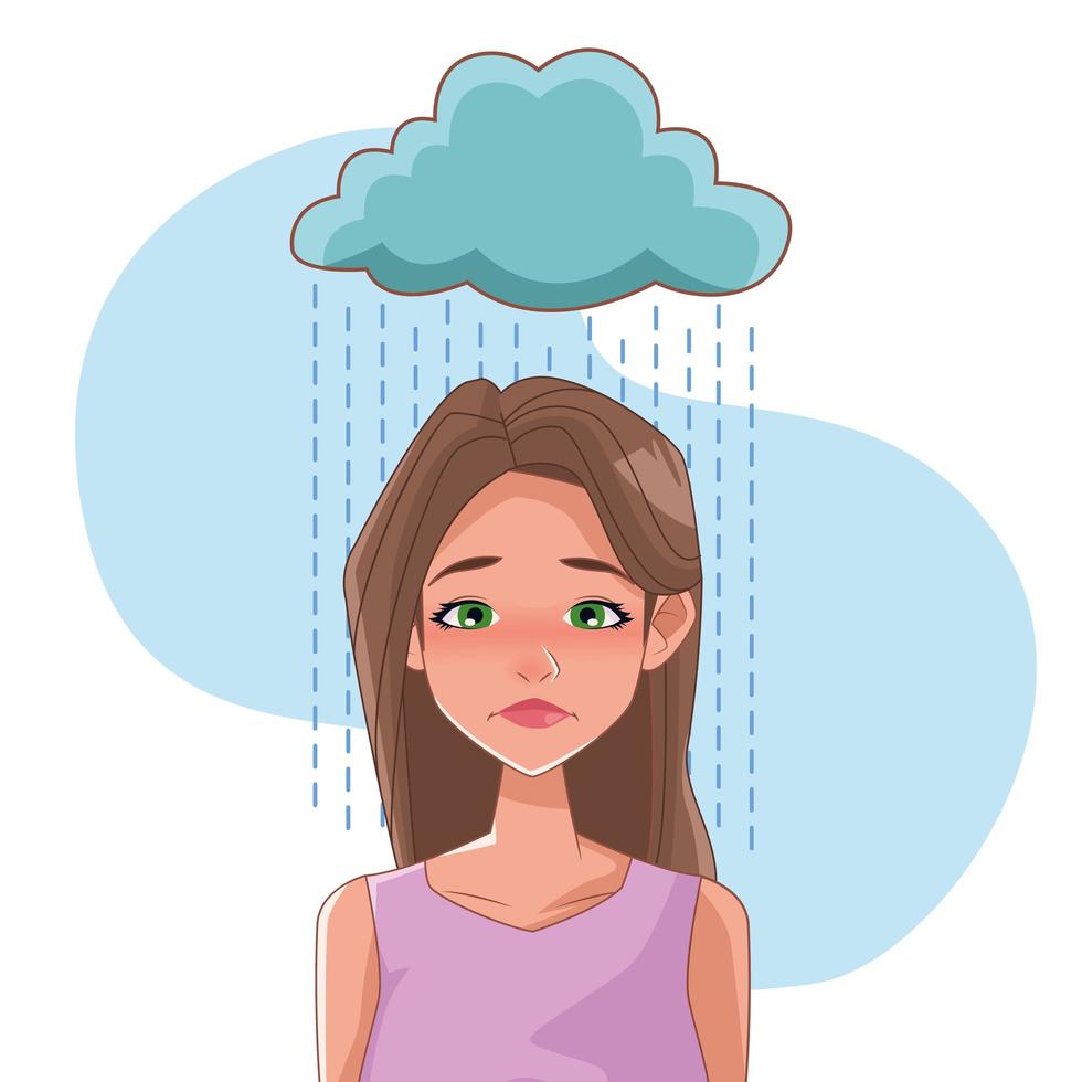 mulher triste com sintoma de estresse e nuvem de chuva vetor