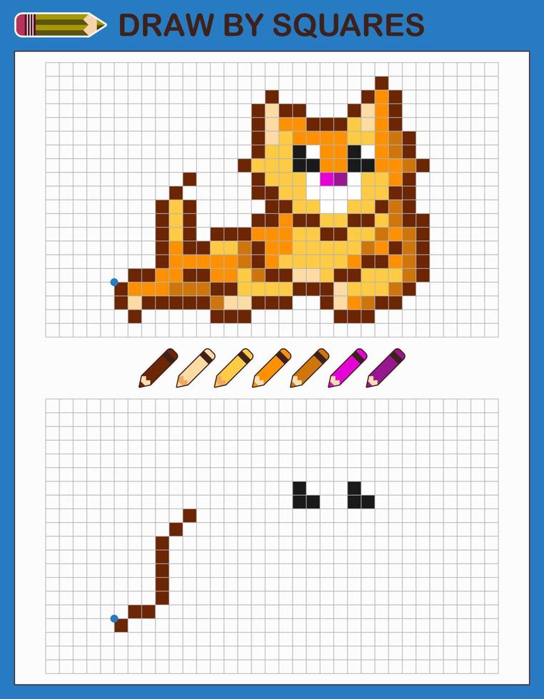copie a imagem, desenhe por quadrados. jogo para crianças desenhar gato por células com paleta de cores. arte de pixel. desenho e treinamento de habilidades lógicas. vetor