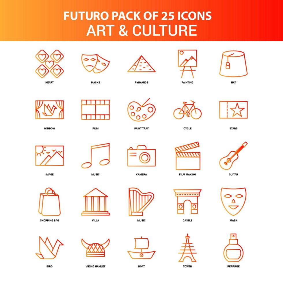 laranja futuro 25 conjunto de ícones de arte e cultura vetor
